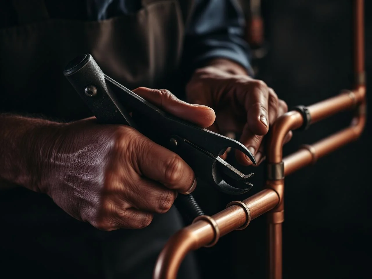 Craftsman's hands working on copper pipe