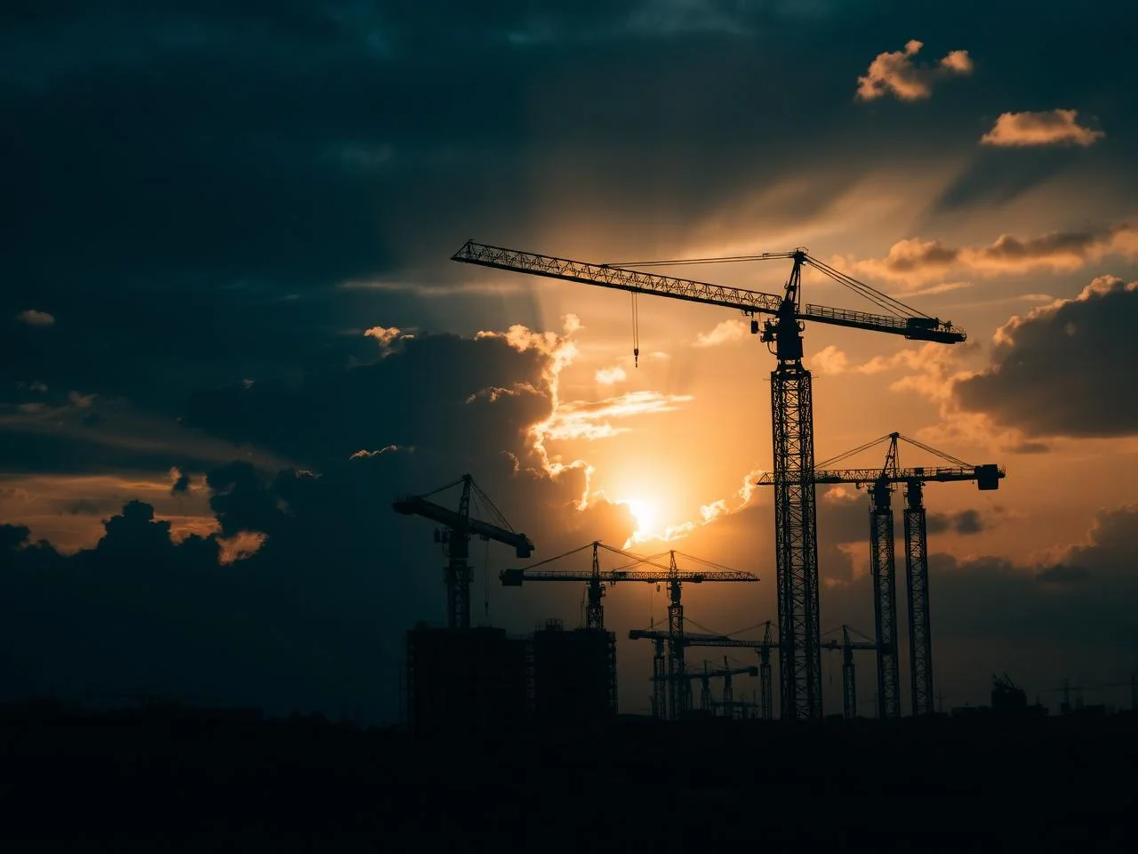 Construction cranes silhouetted at sunrise
